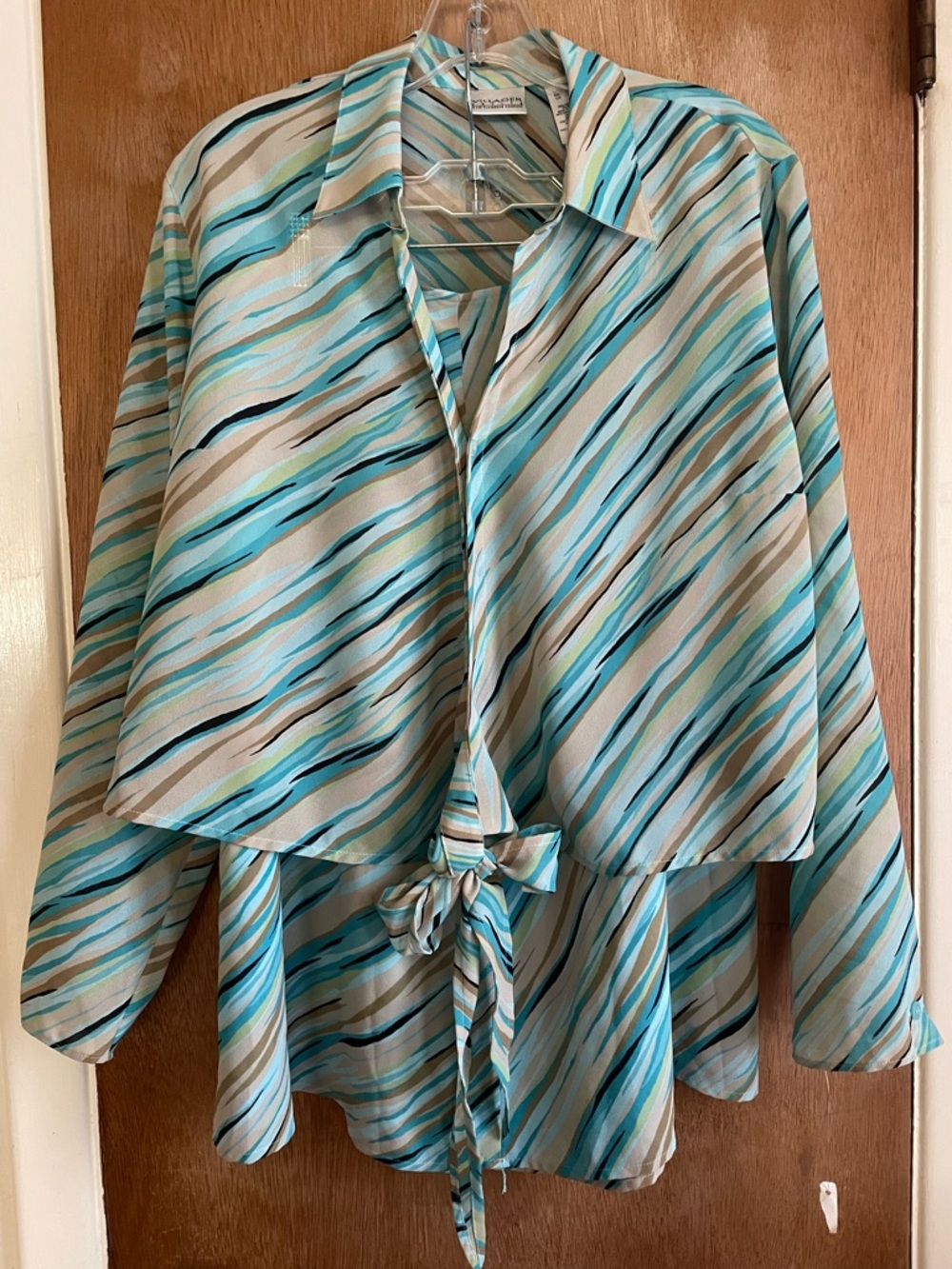 Women's A-Line Tie-Front Skirt in Aqua Stripe & Blouse complete set Sz XL Liz C.